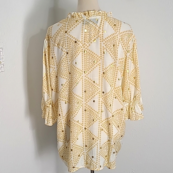Alex & Parker Gold & White Dotted Buttondown Blouse, Ruffled Neckline, Size 2X - Picture 6 of 9